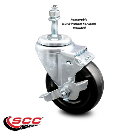 Service Caster 4 Inch Hard Rubber Wheel Swivel 3/8 Inch Threaded Stem Caster with Brake SCC SCC-TS20S414-HRS-TLB-381615